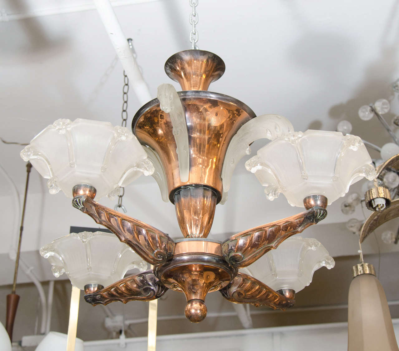 French Art Deco Copper and Glass Water Fountain Two-Tier Chandelier