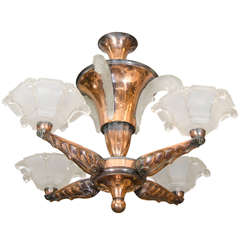 Vintage French Art Deco Copper and Glass Water Fountain Two-Tier Chandelier