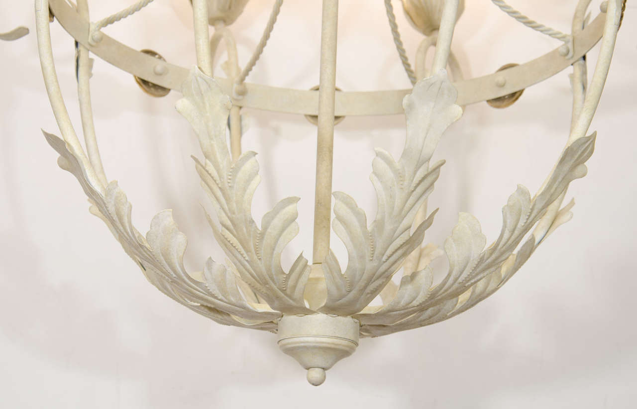 American A Mid Century Iron Basket Form Chandelier with Leaf Detail