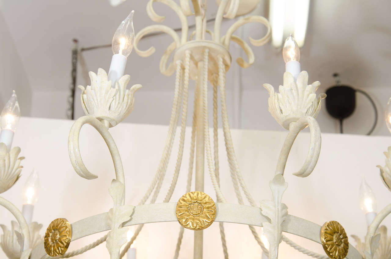 A Mid Century Iron Basket Form Chandelier with Leaf Detail In Good Condition In New York, NY