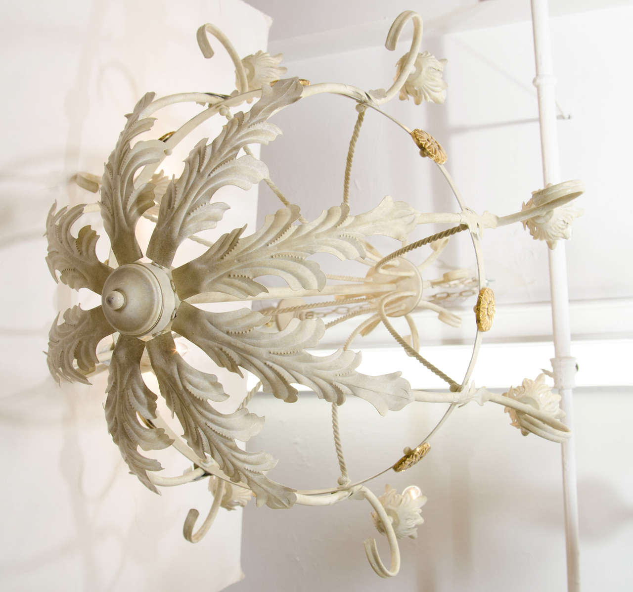 A Mid Century Iron Basket Form Chandelier with Leaf Detail 1