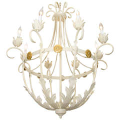 A Mid Century Iron Basket Form Chandelier with Leaf Detail