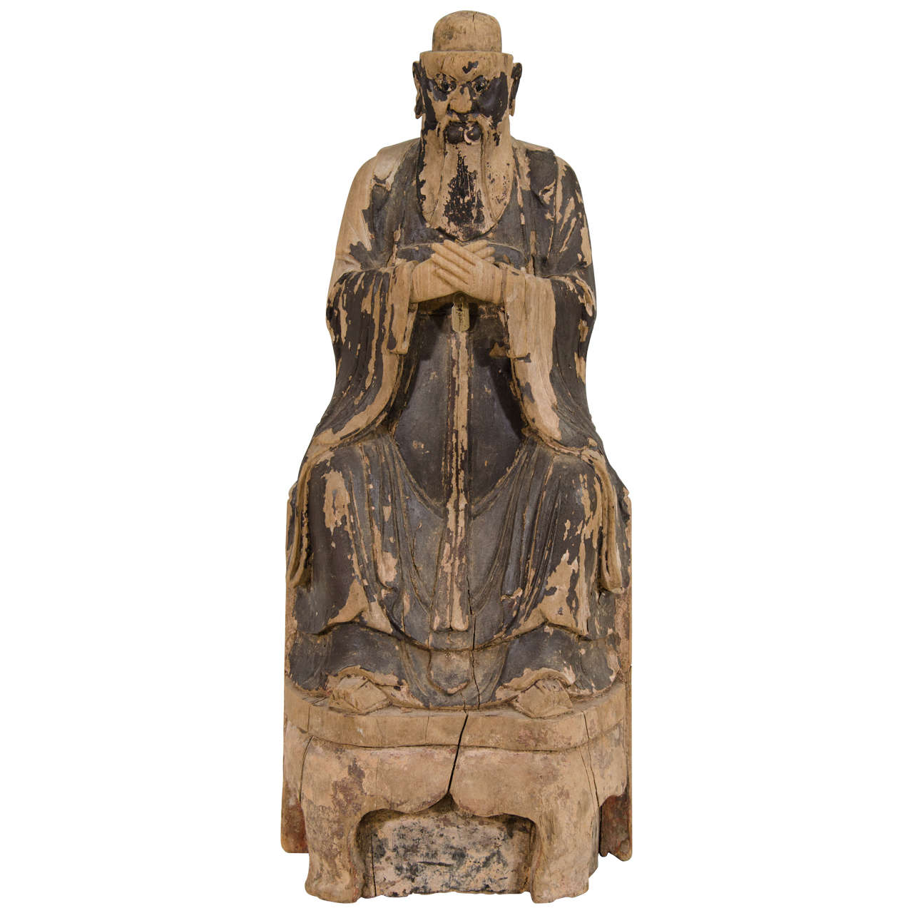 Large Ming Dynasty Wooden Sculpture of a Taoist Figure