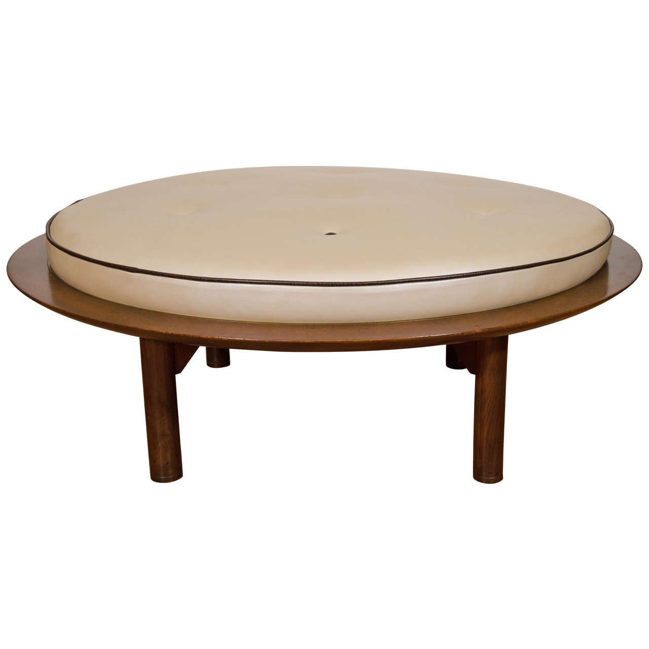 Mid Century Danish Modern Round Leather, Round Leather And Wood Ottoman
