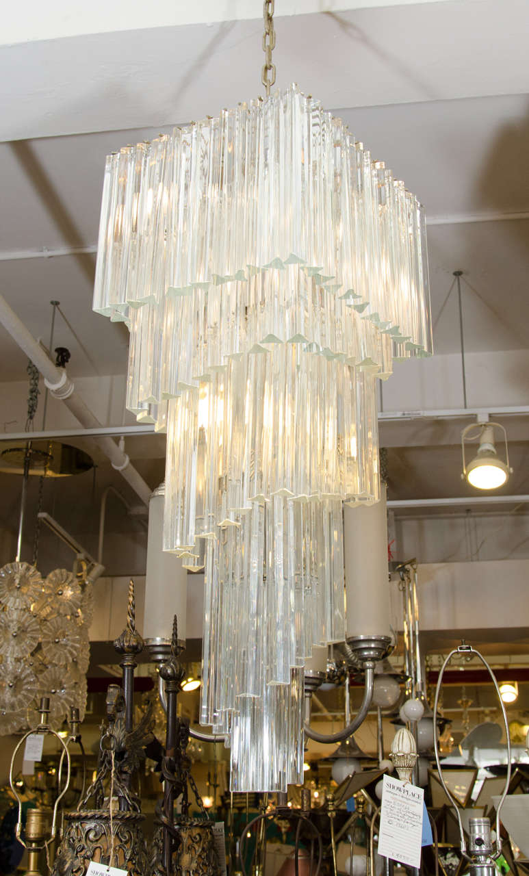 Five-tier square design Camer Murano chandelier with suspended glass pendants. Very heavy and substantial cascading dramatic Italian glass chandelier.