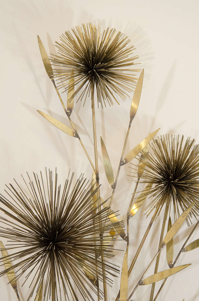 Burnished Pair of Mid-Century Curtis Jere Pom Pom Flower Spray Wall Sculptures For Sale