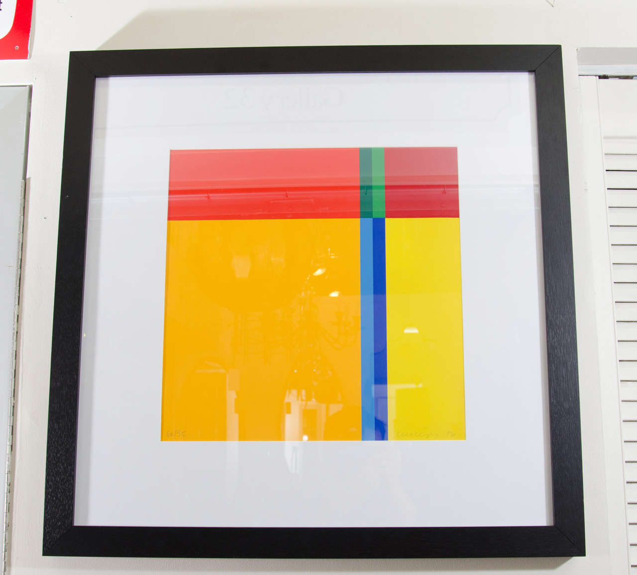 A vintage single geometric silk screen in red, green, blue, yellow, and orange by German artist Jo Niemeyer. Numbered 60/95, dated 1976, and signed, this draws upon early 20th century De Stijl ideas and the works of Piet Mondrian and Theo van