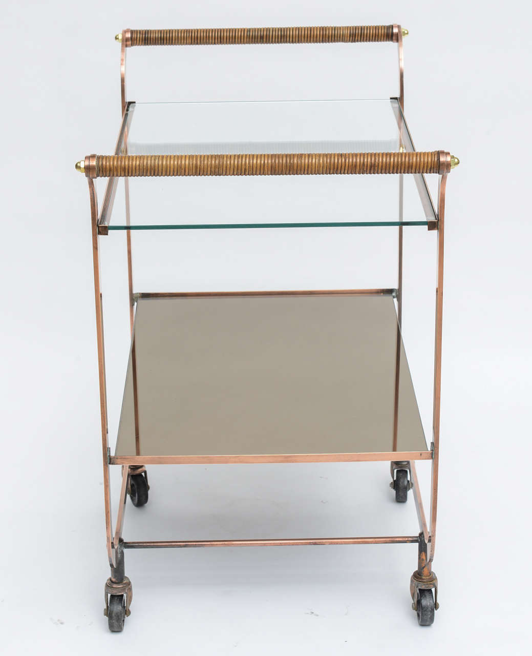 20th Century Deco Copper Bar Cart with Rattan Handles