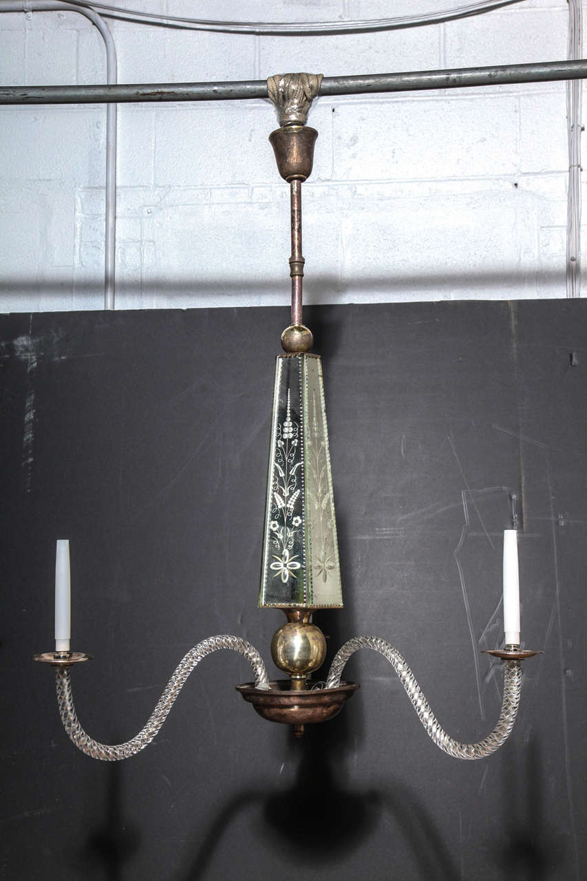 Venetian Style Etched Glass and Silvered Three-Light Chandelier For Sale 3