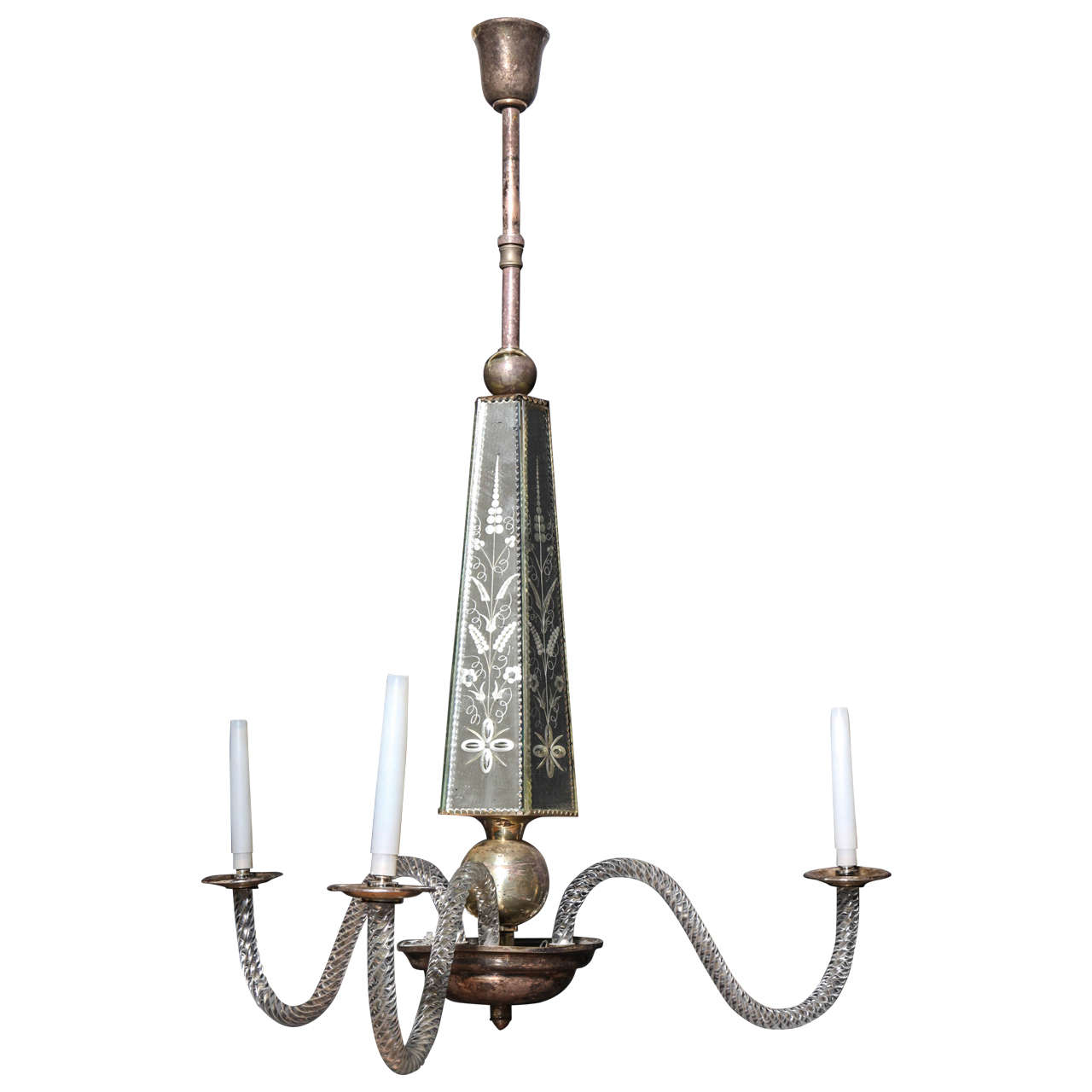 Venetian Style Etched Glass and Silvered Three-Light Chandelier