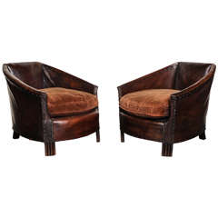 Vintage Pair of 1930s French Leather Club Chairs
