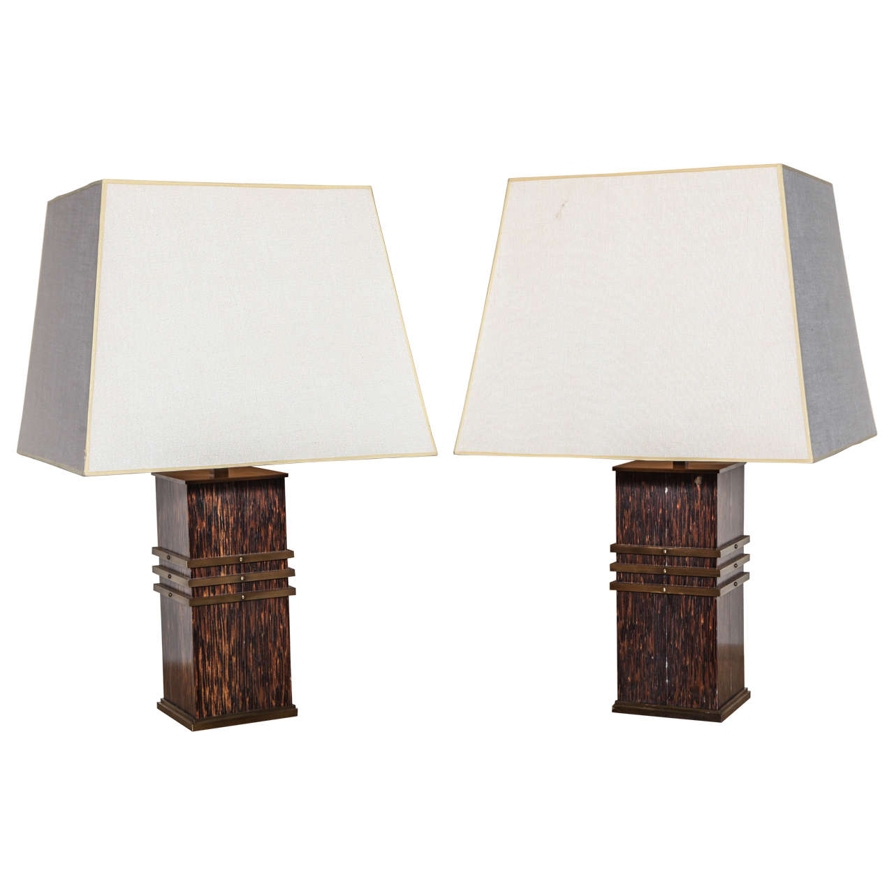 Pair of French Modernist Black Palm and Bronze Lamps For Sale