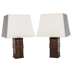 Pair of French Modernist Black Palm and Bronze Lamps