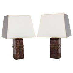 Pair of French Modernist Purpleheart and Bronze Lamps 12