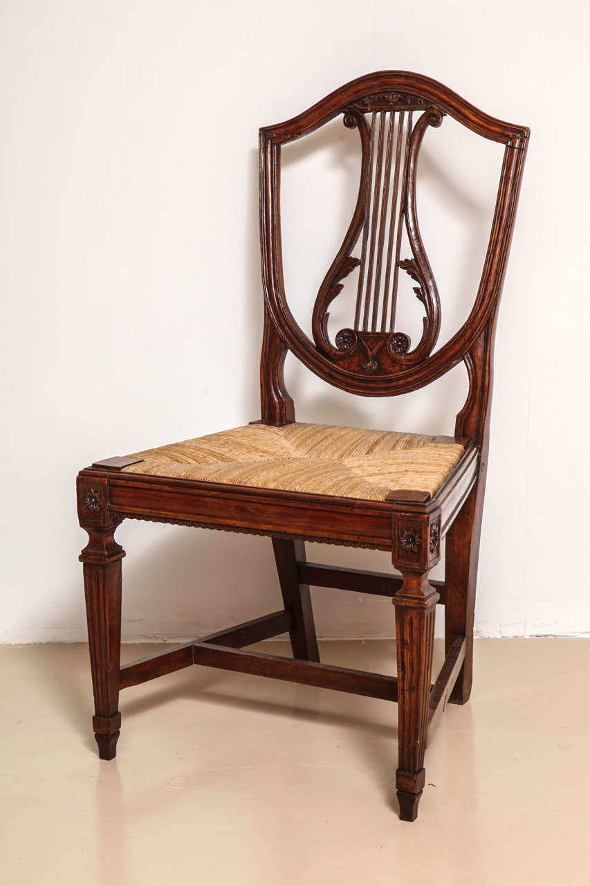 18th Century Set of Five Italian Neoclassical Walnut, Lyre Back Side Chairs