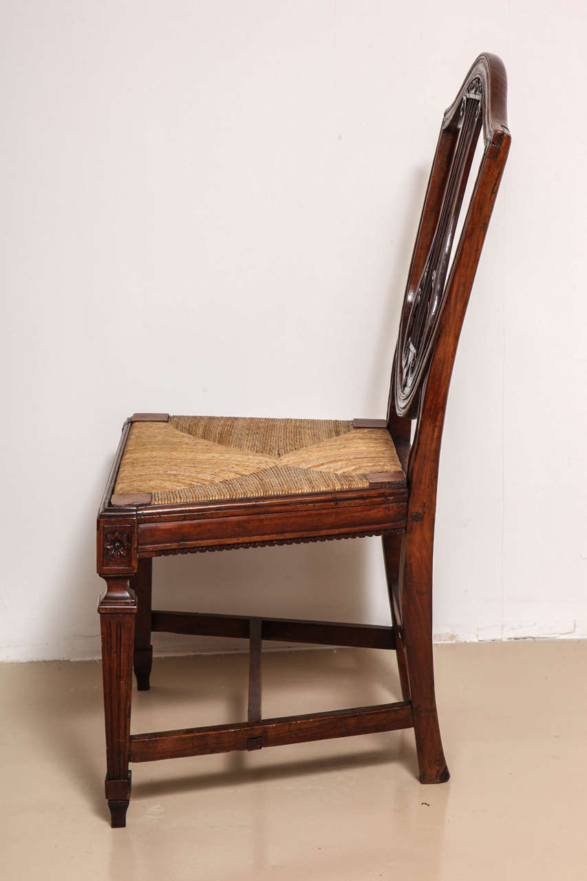 Rush Set of Five Italian Neoclassical Walnut, Lyre Back Side Chairs