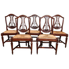 Set of Five Italian Neoclassical Walnut, Lyre Back Side Chairs