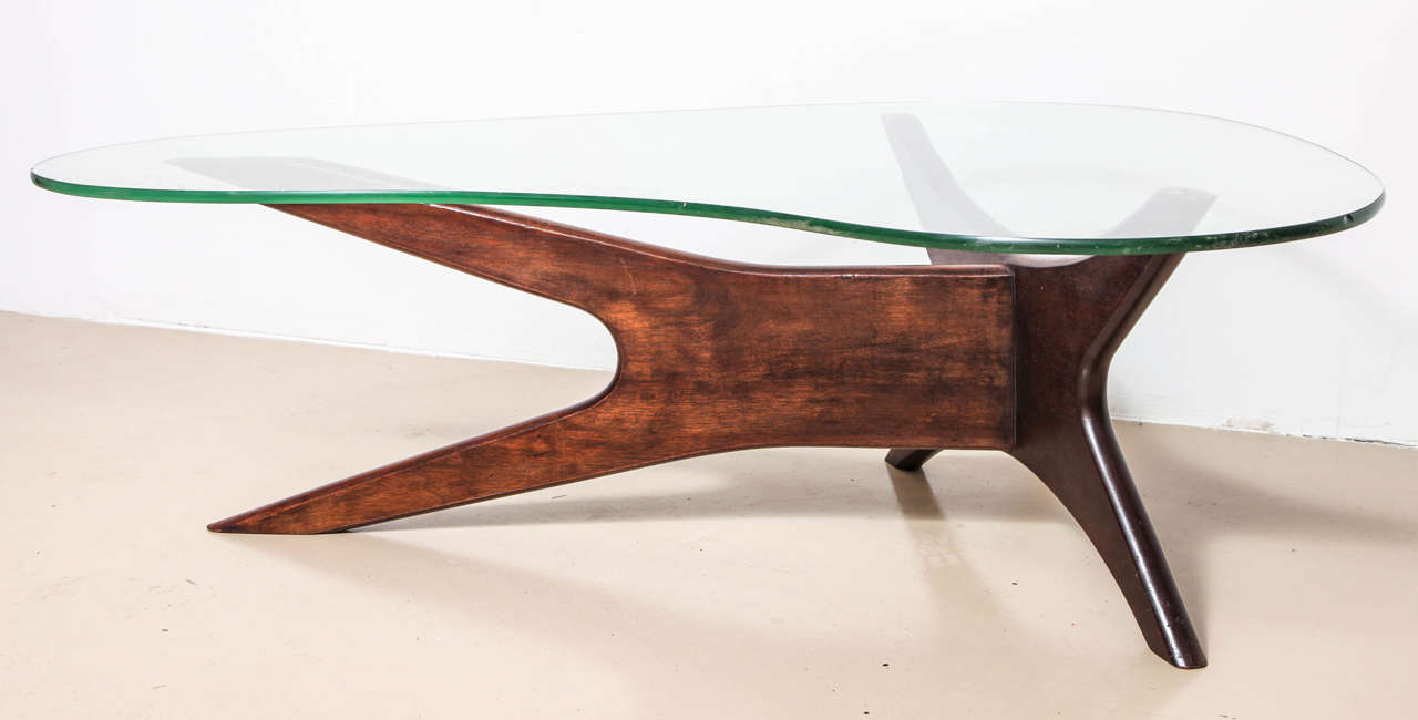 American Mid Century Glass-Top and Walnut Biomorphic Coffee Table