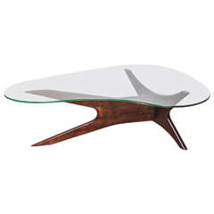 Mid Century Glass-Top and Walnut Biomorphic Coffee Table