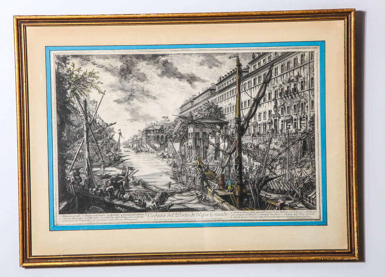 18th century engraving of Rome's river port. Hand-tinted. Elaborately matted and framed.