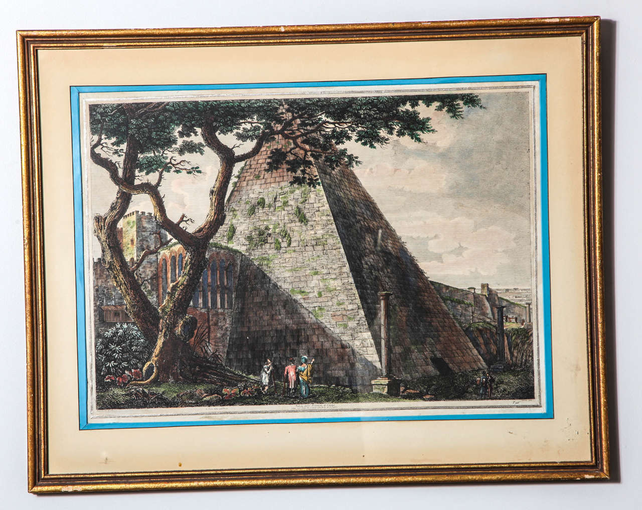 Malerischer Stich von 1822 der als Grabmal für Gaius Cestius errichteten Pyramide, ca. 18 v. Chr. Luigi Rossini (1790-1857) war ein italienischer Künstler, der für seine Ansichten der antiken römischen Architektur bekannt war. Dieser Kupferstich aus