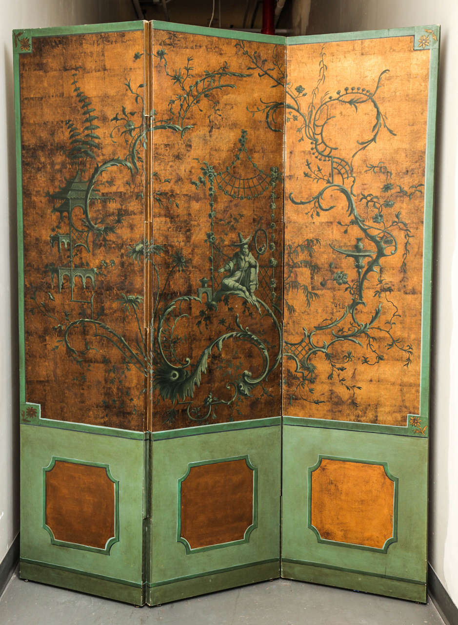 Canvas hand-painted with chinoiserie cartouche in the manner of Jean Pillement in green (suggesting verdigris) and metallic copper leaf. Minor surface rubbing at joints.