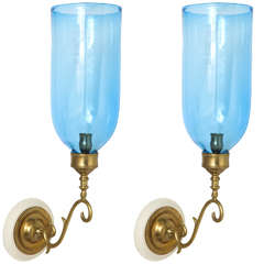 Pair of Blue Glass and Brass Wall Sconces