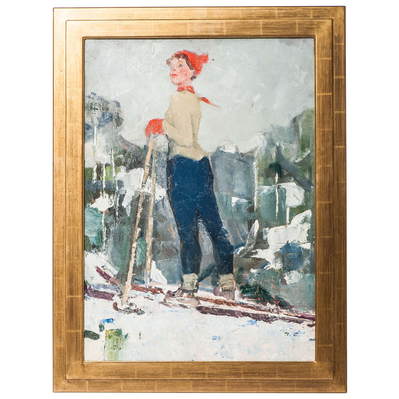 Painting of a Girl on Skis by Peter Smukrovich