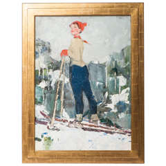 Vintage Painting of a Girl on Skis by Peter Smukrovich