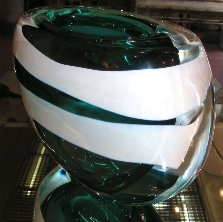 1950-1960 Murano glass vase with green-blue background and white stripes.