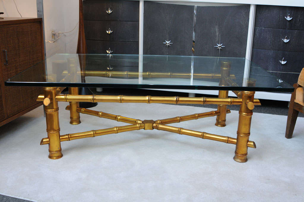 Hollywood regency gold bamboo and glass coffee table with 3/4