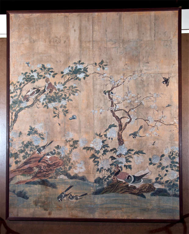 One of a pair of 18th century hand-painted Chinese wallpaper screens.  Price listed is for the pair.