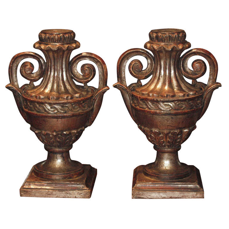 Pair of Silver Leaf Wood Finials/Lamps For Sale