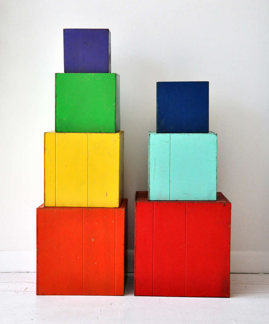 Three Amish Multi-Colored  Stacked Blocks. Made from Wood and Painted. 
Dimensions of Each:
Green: 7.5