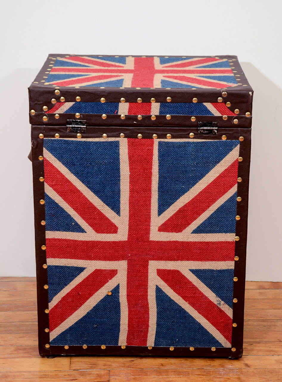 Leather Mid Century Pair of Union Jack Trunk Form Chests
