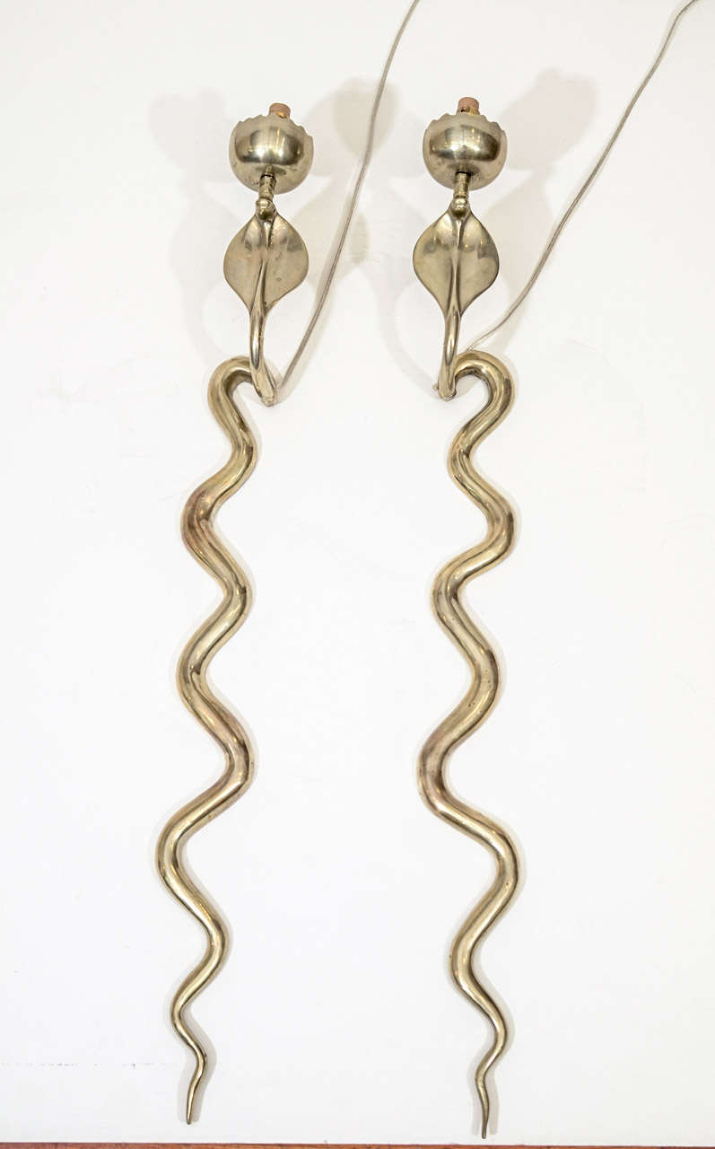 French Art Deco Pair of Brass Serpent Sconces