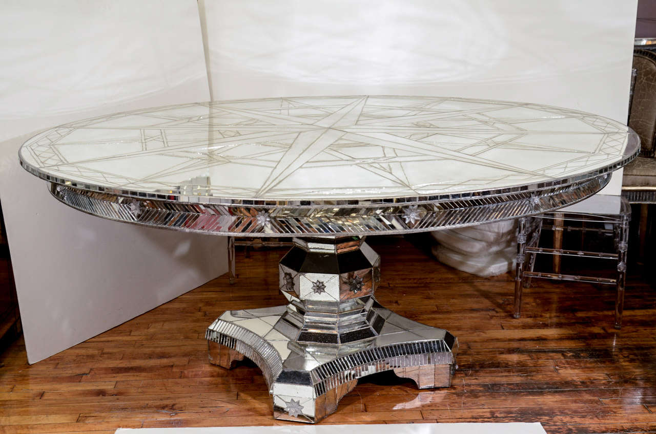 Large Vintage Mirrored Dining Table with Compass Star Design