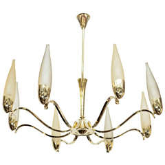 Mid Century Stilnovo Eight-Arm Brass and Opaline Chandelier 1
