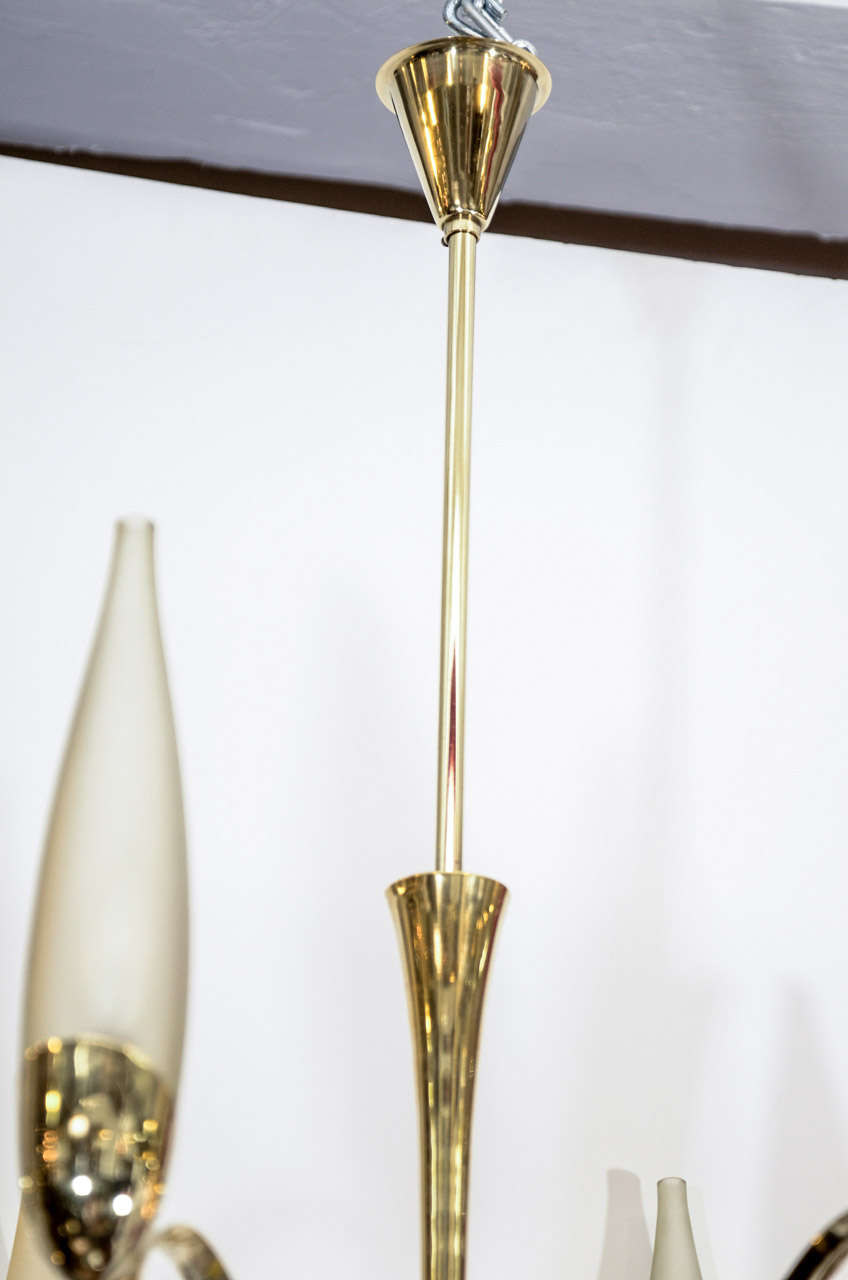 Mid-Century Modern Mid Century Eight-Arm Brass and Opaline Chandelier Attributed to Stilnovo