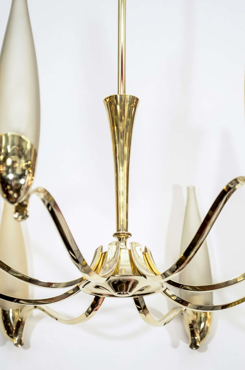 Italian Mid Century Eight-Arm Brass and Opaline Chandelier Attributed to Stilnovo