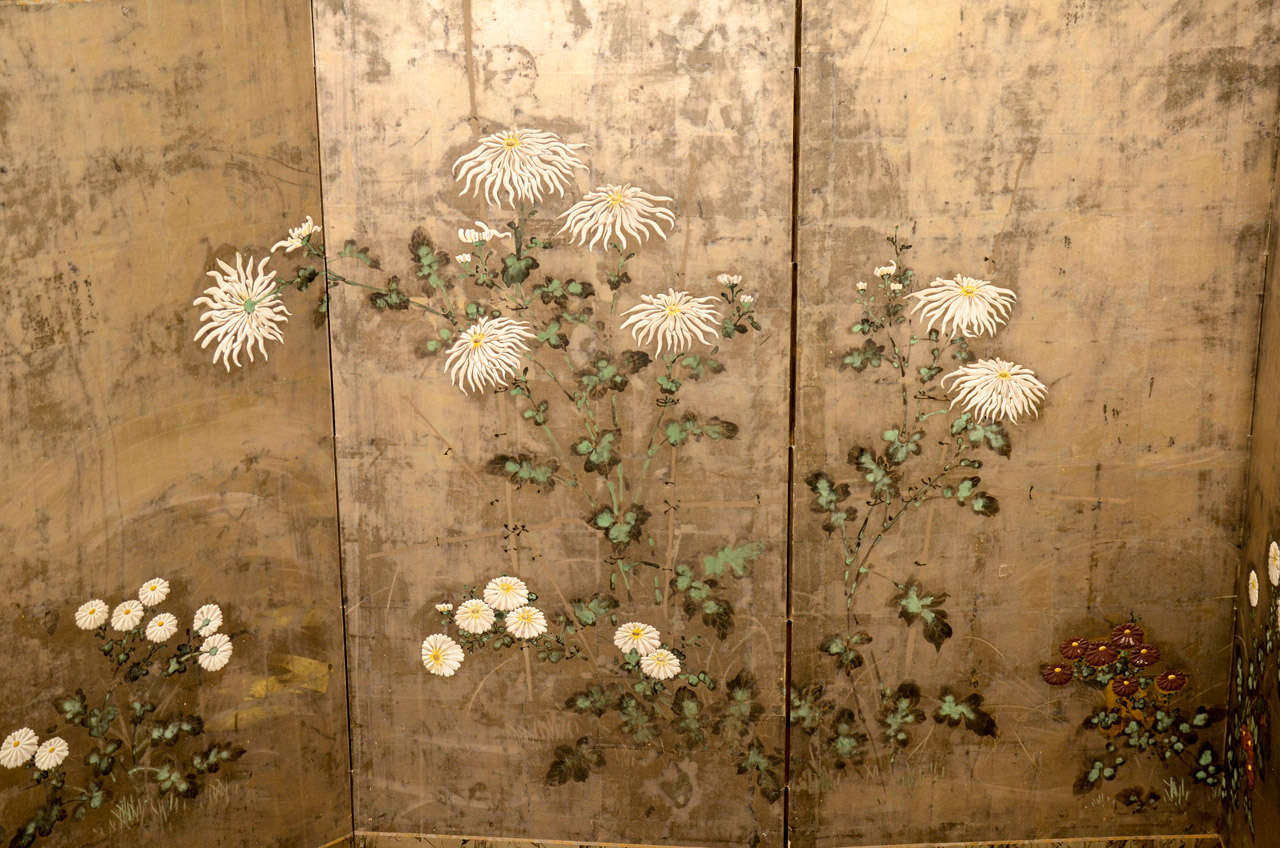 Paint Japanese Edo Period 4-Panel Screen with Raised Flowers