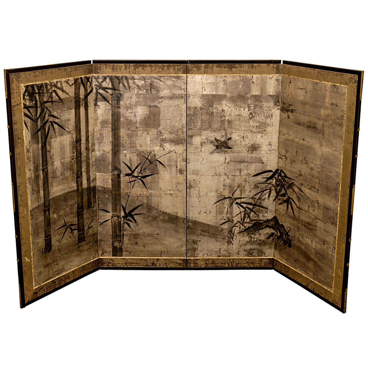 Japanese Momoyama Period 4-Panel Screen with Bamboo and Bird