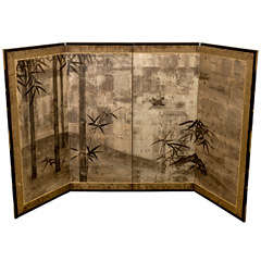 Antique Japanese Momoyama Period 4-Panel Screen with Bamboo and Bird