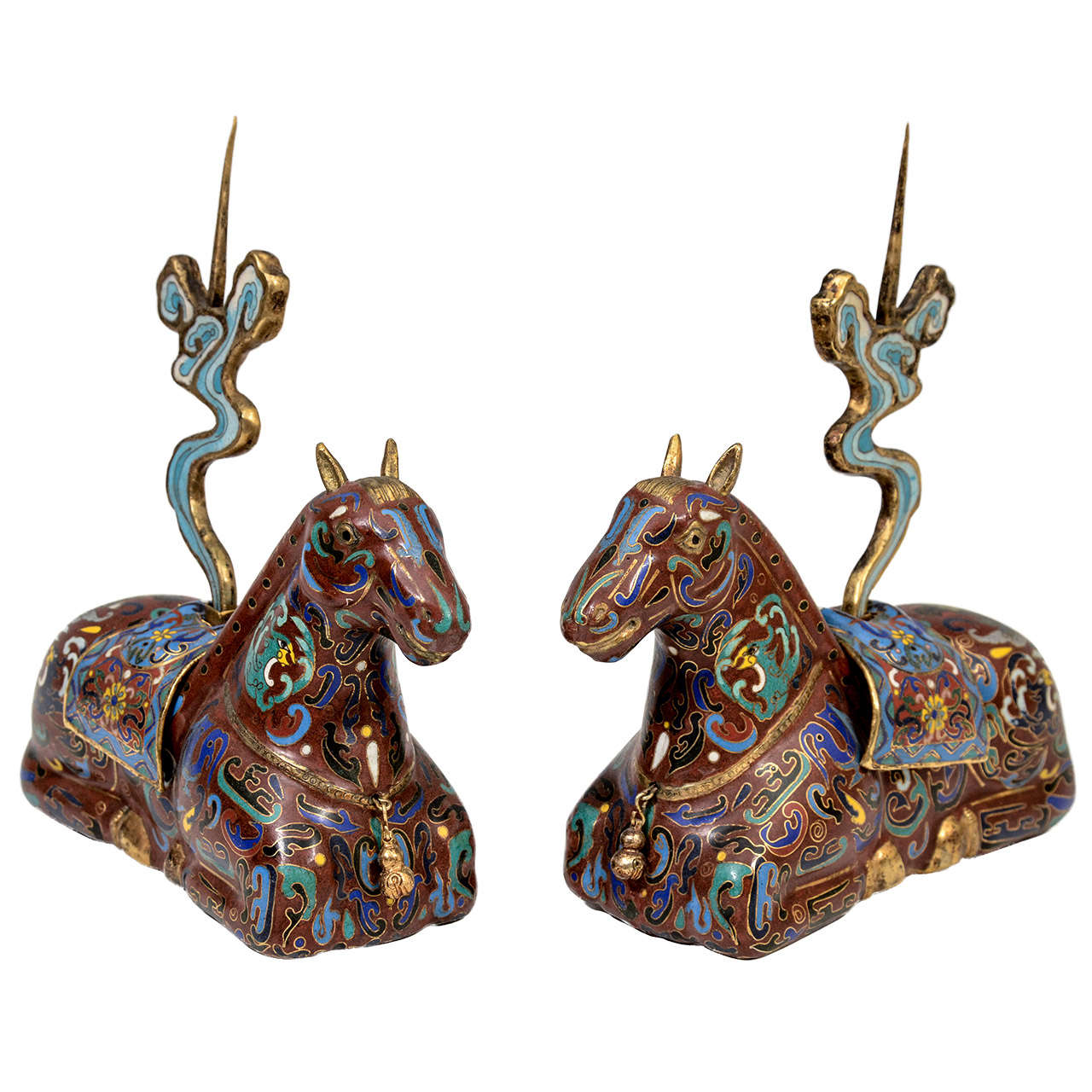 Pair of Chinese Cloisonne Horse Incense Holders For Sale