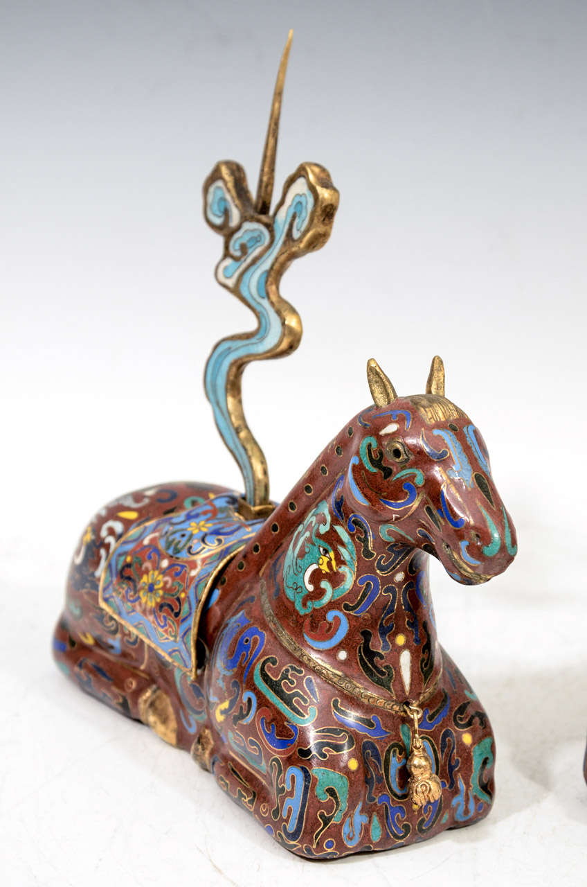 Cloissoné Pair of Chinese Cloisonne Horse Incense Holders For Sale