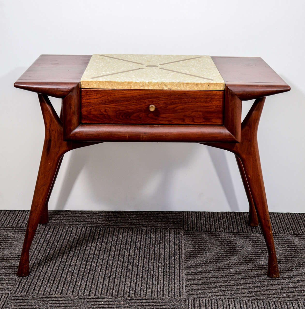 Pair of 1950s Travertine Top Wood Side Tables with Brass Accents