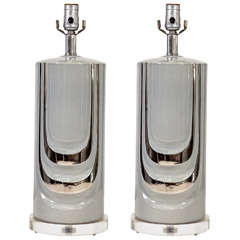 Mid Century Pair Of Ceramic And Chrome Lamps With Lucite Bases