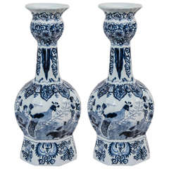 Antique Pair of Small 17th Century Blue and White Delft Vases