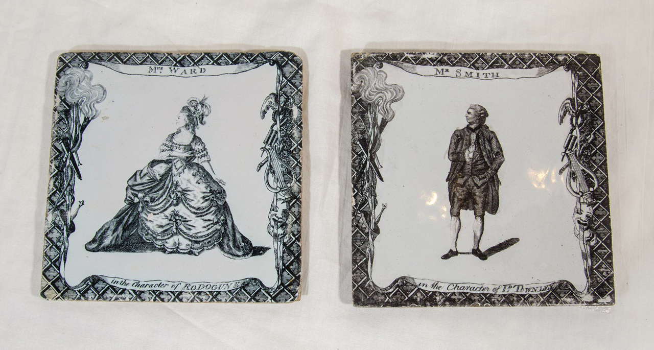Provenance: With the paper label of D M & P Manheim.
Two theatrical Liverpool delft tiles made circa 1777-1780.
Printed in very pale black,one with 