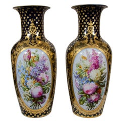  Pair Large Paris Porcelain Vases Hand-Painted Flowers & Blue Ground circa 1840